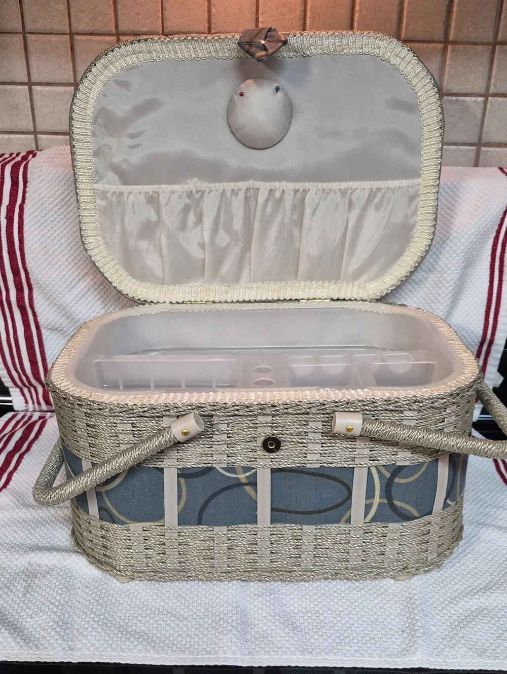 Woven Decorative Sewing Basket with Blue Pattern and Cream Trim Wooden Bottom